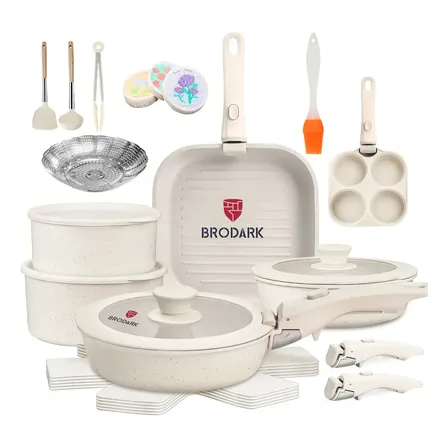 Brodark 25 Piezas Juego De Sartenes Antiadherentes Batería De Cocina Ollas Antiadherentes Sartenes Wok Gruesa, Para Induccion Horno Y Gas, Con Vaporeras Mangos Desmontables Y Tapas De Vidrio Blanco