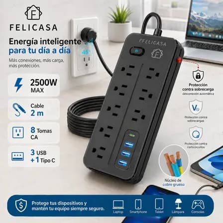 F Felicasa 2 Metros Multicontactos Usb 2500w Con 8 Salidas+3 Usb+1 Tipo C 10a 110v-220v Cable De Cobre Para Electrica Extension Uso Rudo Resistente Al Fuego Protección Contra Sobrecargas Color Negro